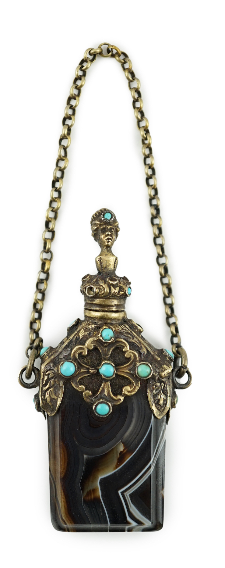 A 19th century continental gilt metal and turquoise cabochon set banded agate scent bottle